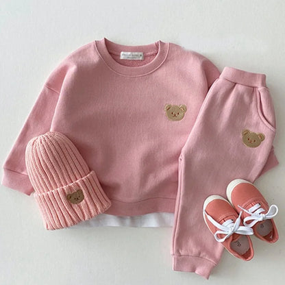 Autumn Spring Baby Girls Boy Clothes Set Toddle Kid Cotton Embroidery Bear Sweatshirts Pullover Top And Pants 2Pcs Outfit Suits