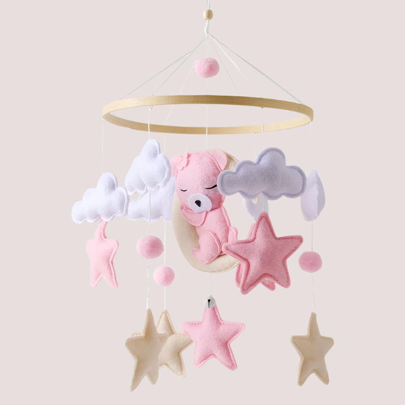 Wooden Crib Mobile Baby Bed Bell Rattle Toy Soft Felt Cartoon Bear Mobile Hanging Newborn Music Box Bed Bell Hanging Bracket Toy