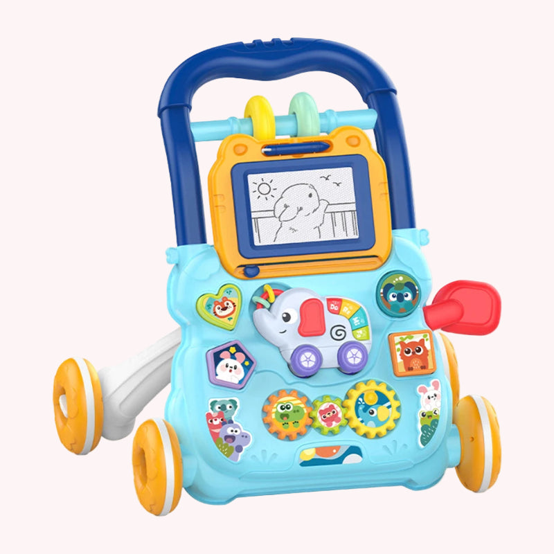 Baby Cartoon Push Walker Toy with Music Drawing Board Multifunction Activity Learning Walk Toddler Walker for 6-15 Months Infant