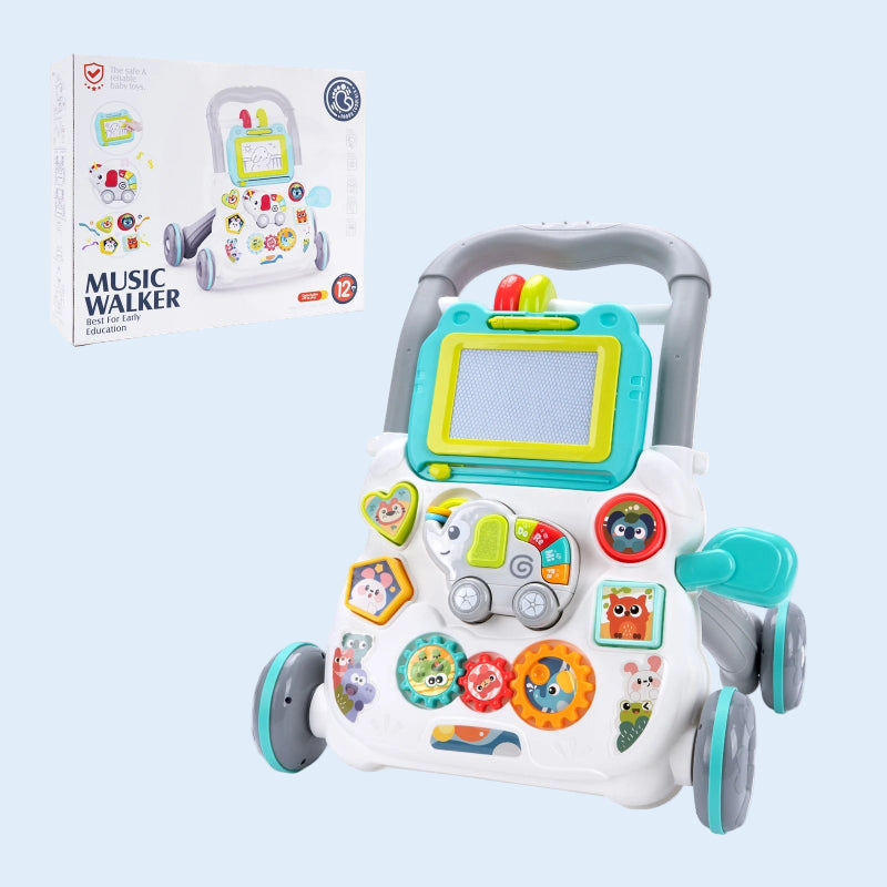 Baby Cartoon Push Walker Toy with Music Drawing Board Multifunction Activity Learning Walk Toddler Walker for 6-15 Months Infant