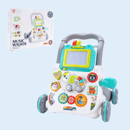 Baby Cartoon Push Walker Toy with Music Drawing Board Multifunction Activity Learning Walk Toddler Walker for 6-15 Months Infant