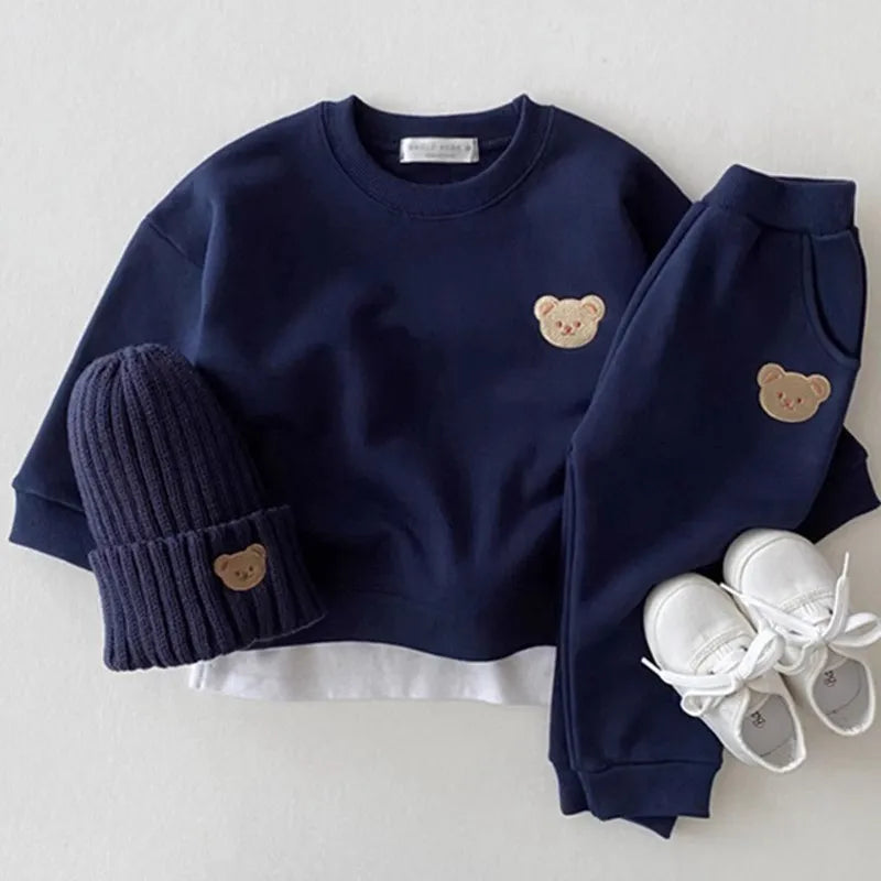 Autumn Spring Baby Girls Boy Clothes Set Toddle Kid Cotton Embroidery Bear Sweatshirts Pullover Top And Pants 2Pcs Outfit Suits