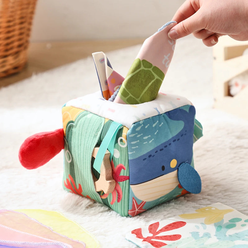 Baby Montessori Toys Cotton Tissue Box Colorful Soft Sensory Toys For Newborn Finger Exercising Pumping Silk Scarf Baby Gife Toy