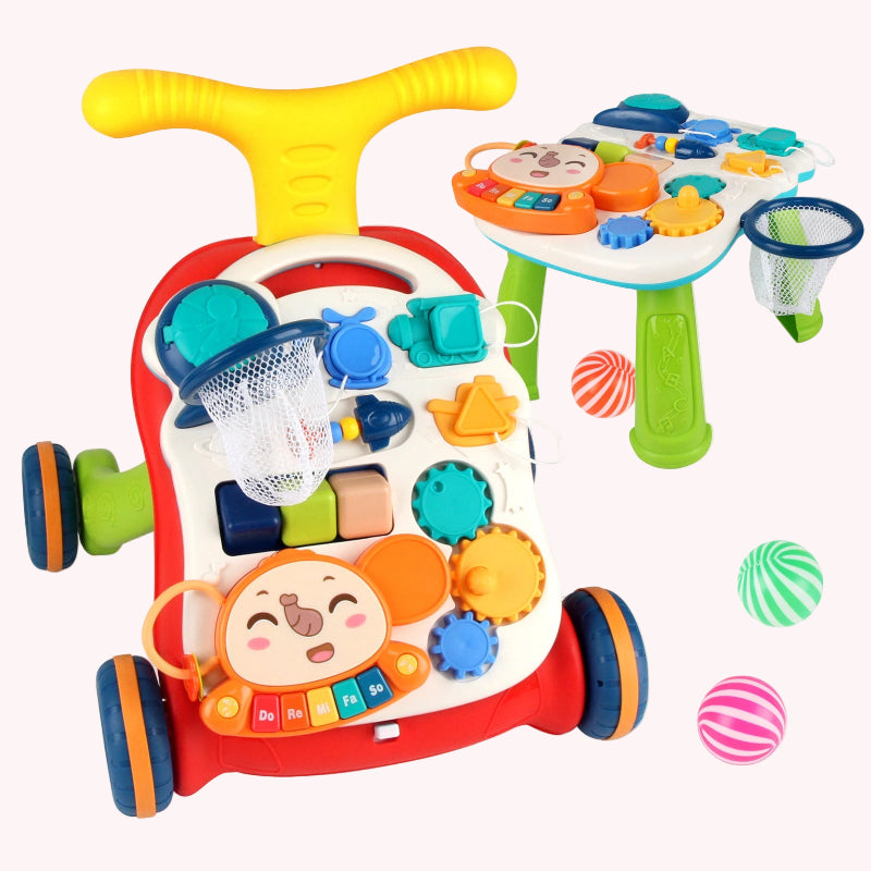 Baby Cartoon Push Walker Toy with Music Drawing Board Multifunction Activity Learning Walk Toddler Walker for 6-15 Months Infant