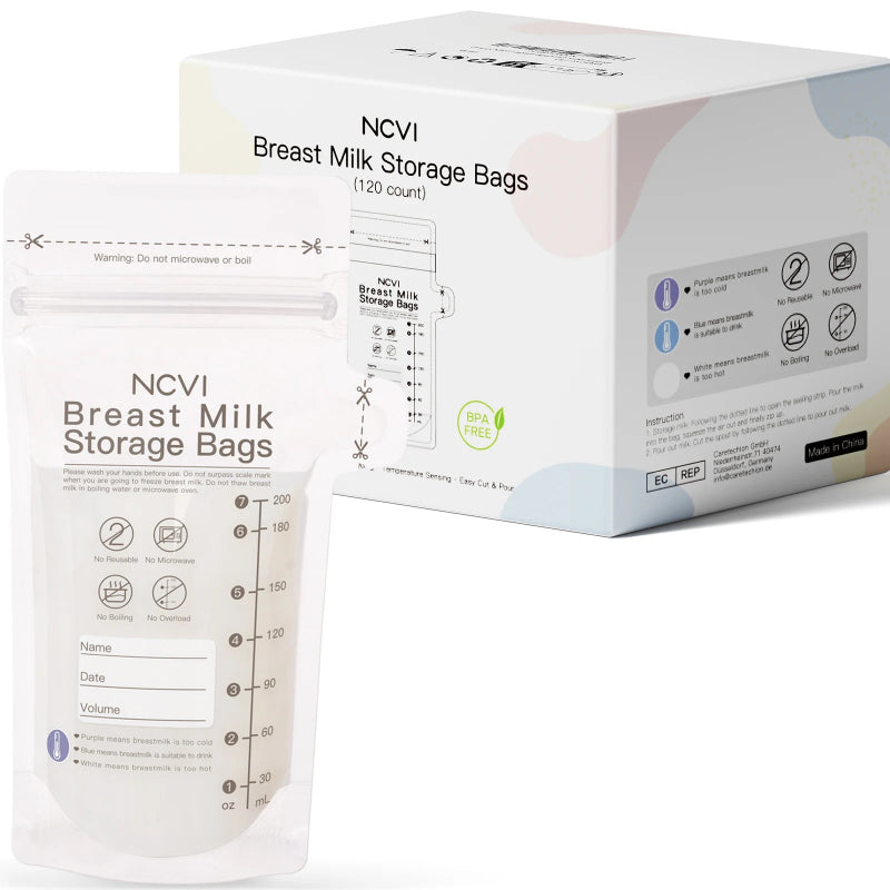 NCVI Breastmilk Storage Bags, 200ml Milk Freezer Bags for Breastfeeding, Temp-Sensing, Doubled-Sealed,Preservation Bag, BPA Free