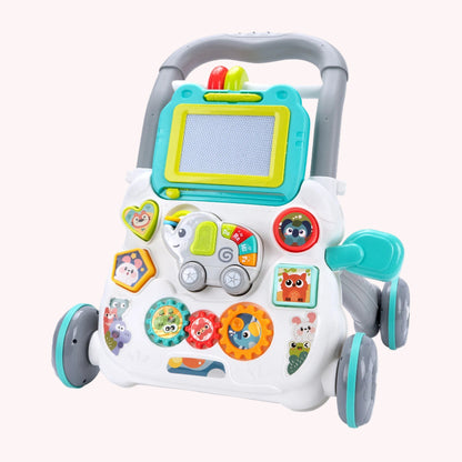 Baby Cartoon Push Walker Toy with Music Drawing Board Multifunction Activity Learning Walk Toddler Walker for 6-15 Months Infant