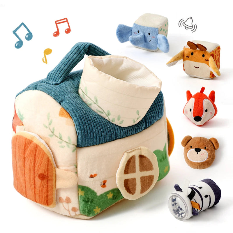 Baby Montessori Toy Plush Barn with Farm Animals Musical Touch Sensory Toys Portable Baby Farmhouse Cognition Toy for Infants