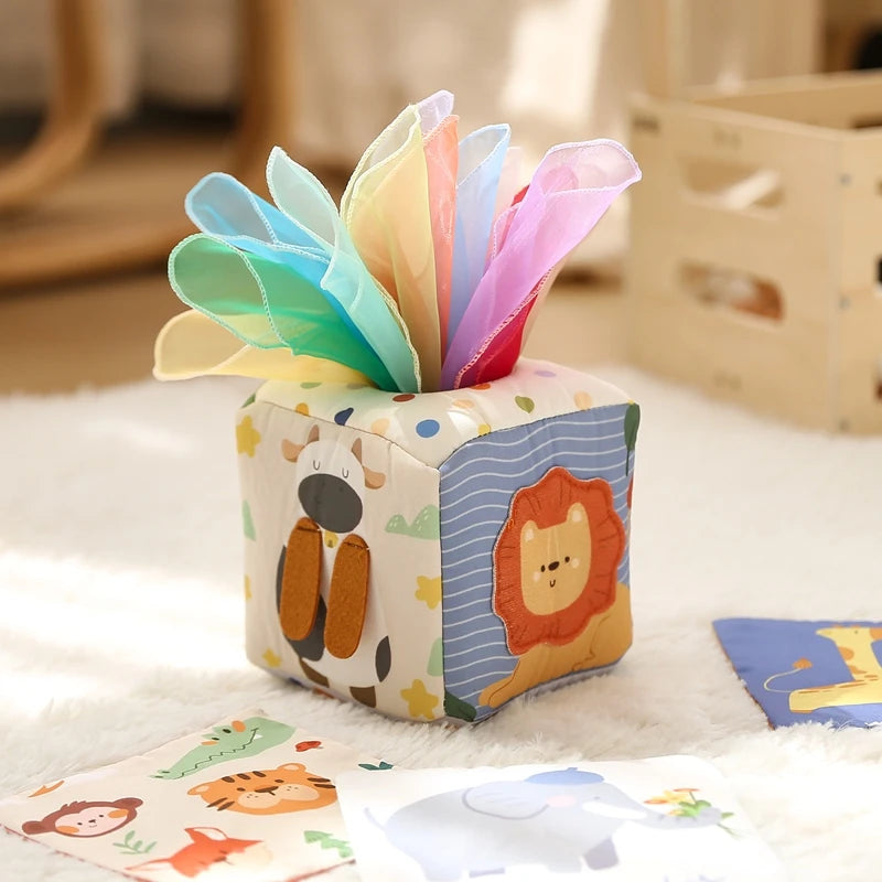 Baby Montessori Toys Cotton Tissue Box Colorful Soft Sensory Toys For Newborn Finger Exercising Pumping Silk Scarf Baby Gife Toy