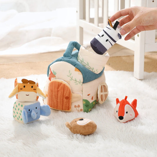 Baby Montessori Toy Plush Barn with Farm Animals Musical Touch Sensory Toys Portable Baby Farmhouse Cognition Toy for Infants