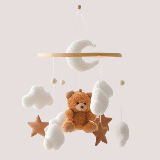 Wooden Crib Mobile Baby Bed Bell Rattle Toy Soft Felt Cartoon Bear Mobile Hanging Newborn Music Box Bed Bell Hanging Bracket Toy