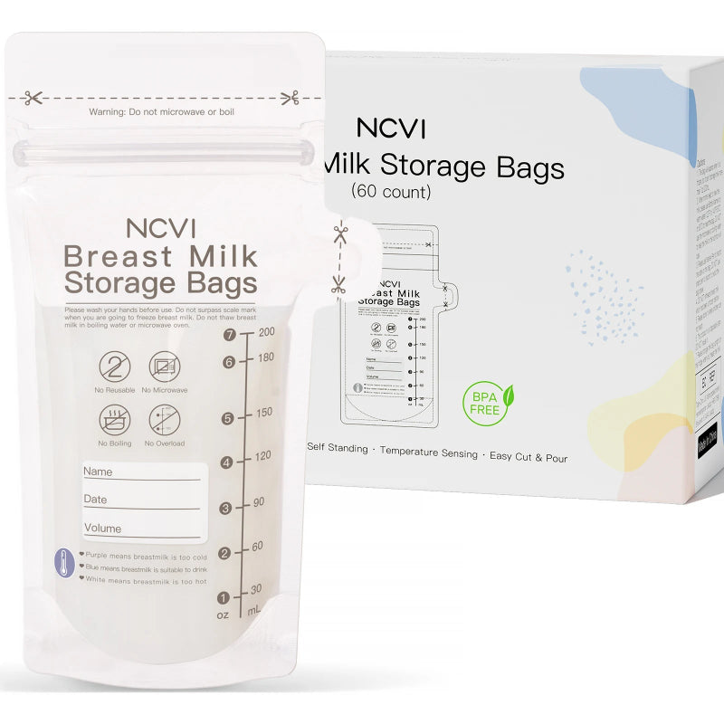 NCVI Breastmilk Storage Bags, 200ml Milk Freezer Bags for Breastfeeding, Temp-Sensing, Doubled-Sealed,Preservation Bag, BPA Free