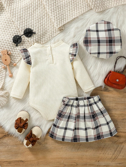 3 Pieces  Baby Girl Fashion Autumn Outfit Long Sleeve Romper with Plaid Print Button A-Line Skirt Set For Streetwear  +Hat