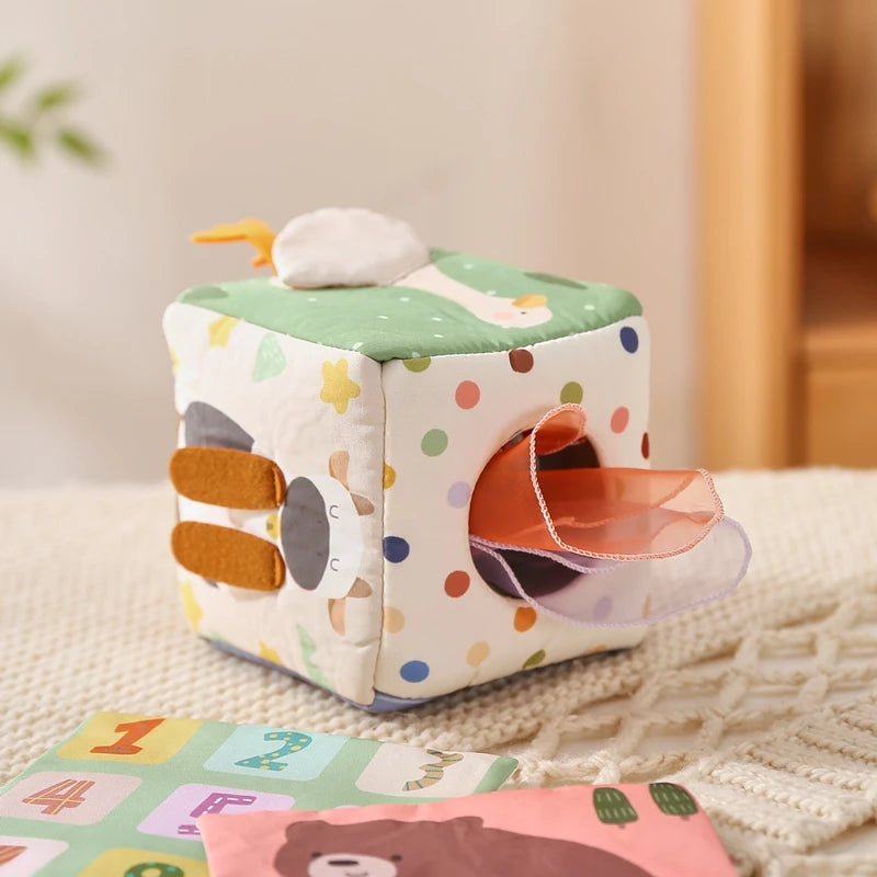 Baby Montessori Toys Cotton Tissue Box Colorful Soft Sensory Toys For Newborn Finger Exercising Pumping Silk Scarf Baby Gife Toy