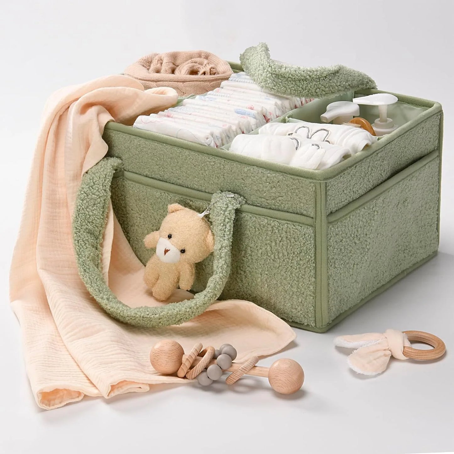 PANGDUBE Plush Diaper Stackers & Caddies Diaper Bag with Teddy Bear Caddy Organizer Nursery Baby Diaper Organizer Baby Nappy Bag