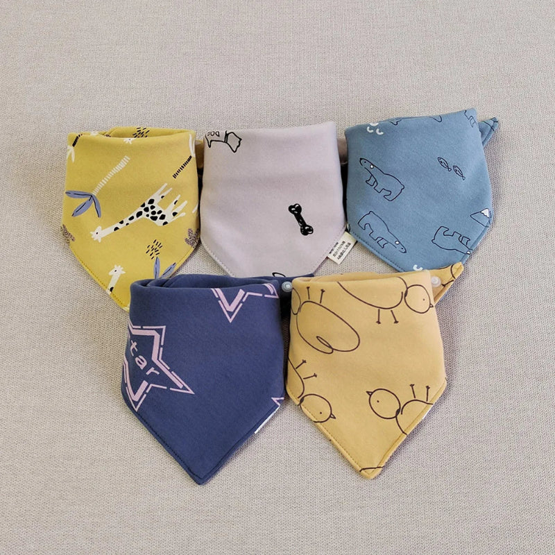 5pcs/lot Baby Bibs Triangle Double Cotton Bibs Cartoon Print Saliva Towel Baby Boys Girls Feeding Apron Cotton Bandana Bibs