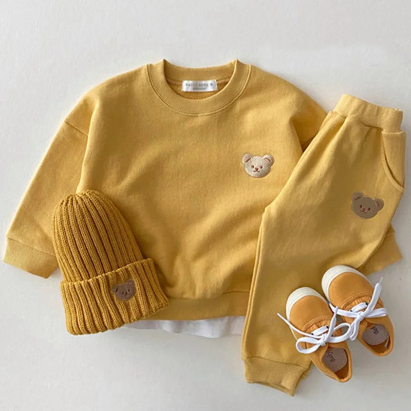 Autumn Spring Baby Girls Boy Clothes Set Toddle Kid Cotton Embroidery Bear Sweatshirts Pullover Top And Pants 2Pcs Outfit Suits