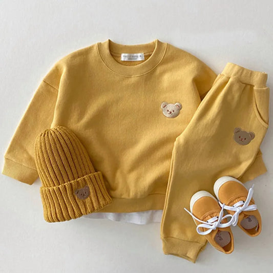 Autumn Spring Baby Girls Boy Clothes Set Toddle Kid Cotton Embroidery Bear Sweatshirts Pullover Top And Pants 2Pcs Outfit Suits