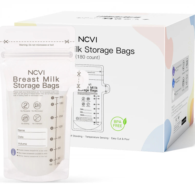 NCVI Breastmilk Storage Bags, 200ml Milk Freezer Bags for Breastfeeding, Temp-Sensing, Doubled-Sealed,Preservation Bag, BPA Free