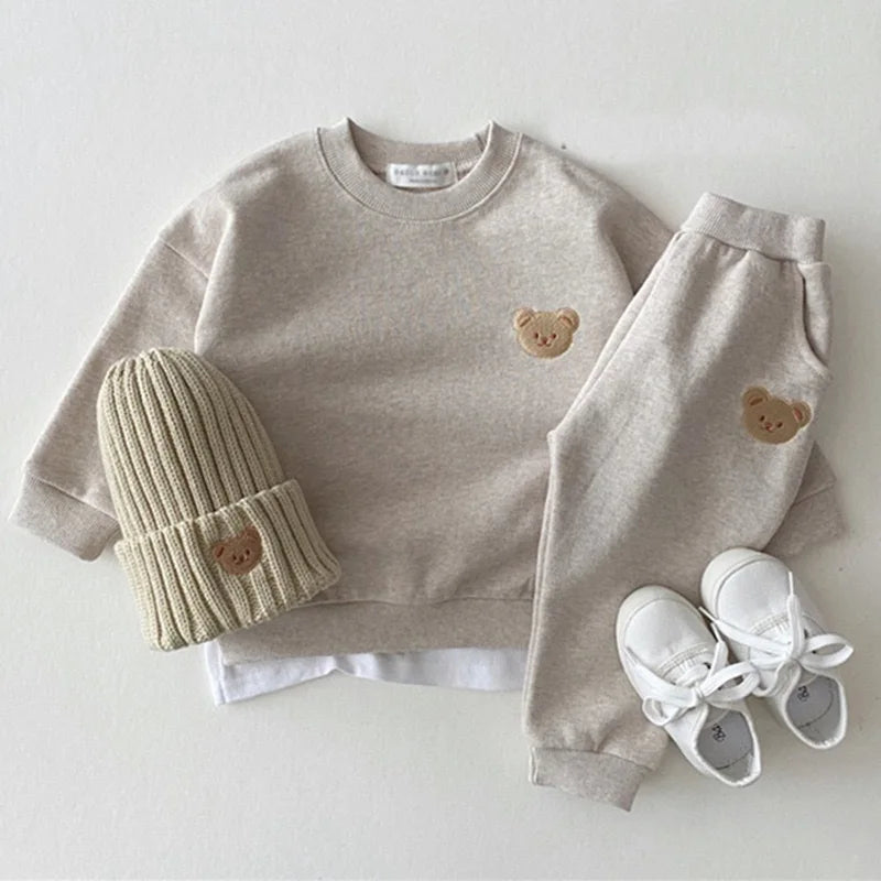 Autumn Spring Baby Girls Boy Clothes Set Toddle Kid Cotton Embroidery Bear Sweatshirts Pullover Top And Pants 2Pcs Outfit Suits