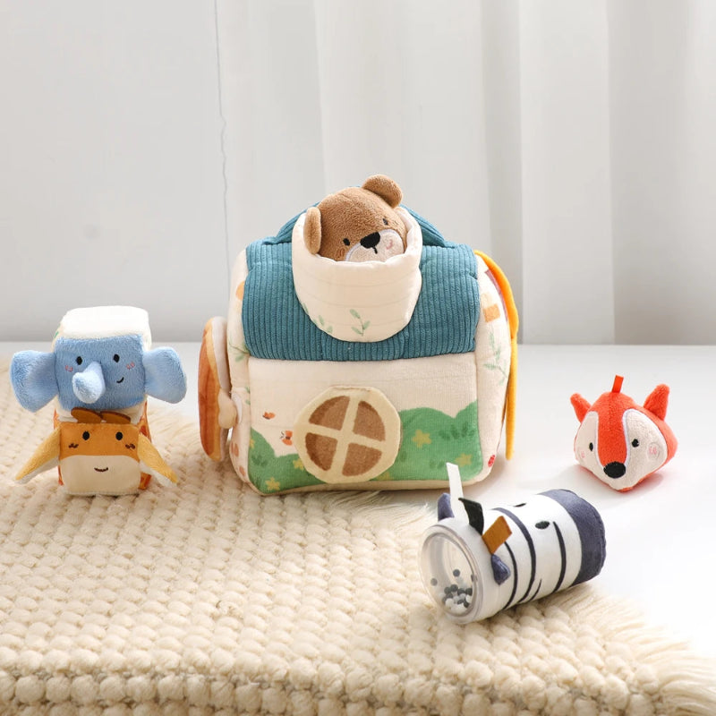 Baby Montessori Toy Plush Barn with Farm Animals Musical Touch Sensory Toys Portable Baby Farmhouse Cognition Toy for Infants