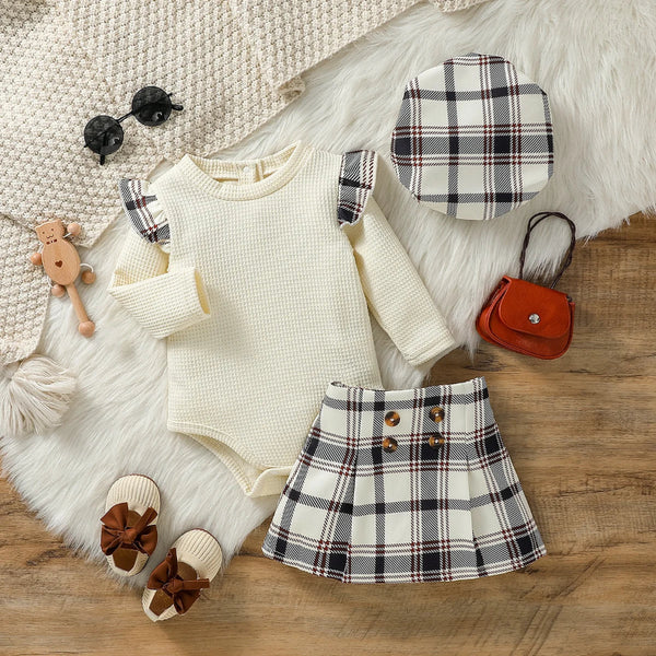 3 Pieces  Baby Girl Fashion Autumn Outfit Long Sleeve Romper with Plaid Print Button A-Line Skirt Set For Streetwear  +Hat