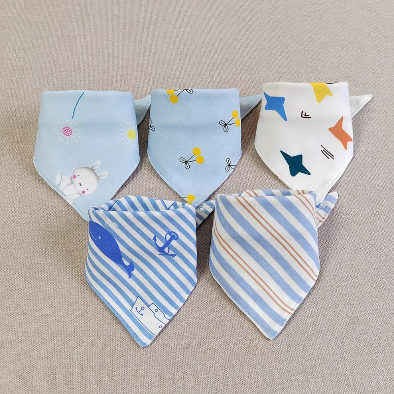 5pcs/lot Baby Bibs Triangle Double Cotton Bibs Cartoon Print Saliva Towel Baby Boys Girls Feeding Apron Cotton Bandana Bibs