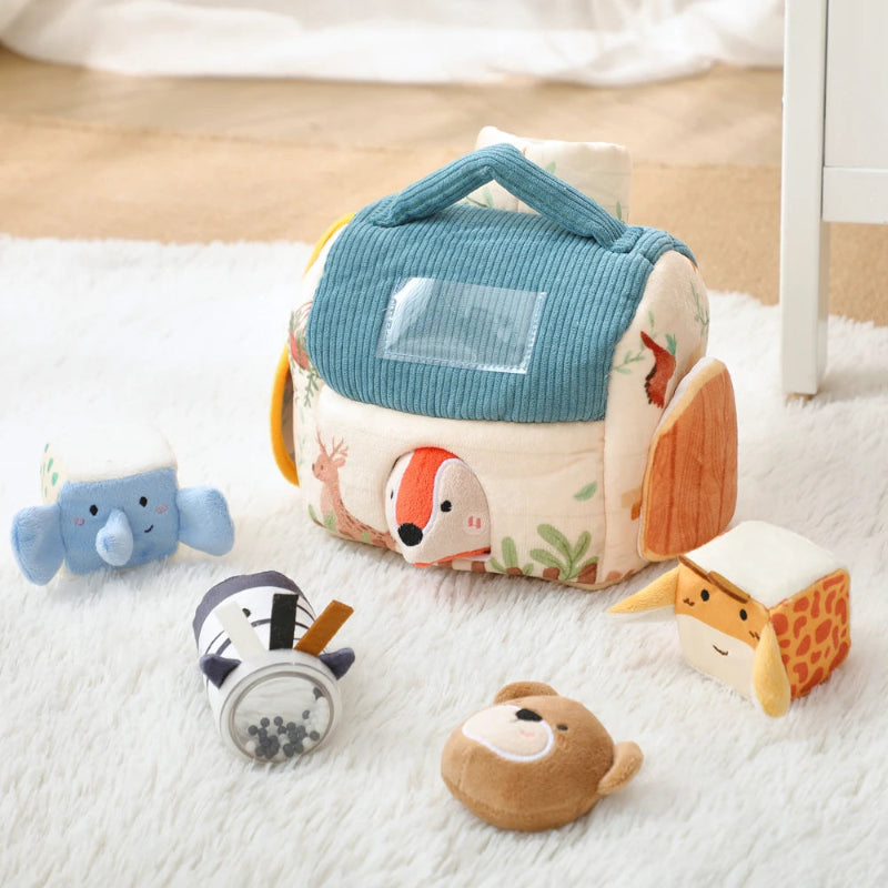 Baby Montessori Toy Plush Barn with Farm Animals Musical Touch Sensory Toys Portable Baby Farmhouse Cognition Toy for Infants