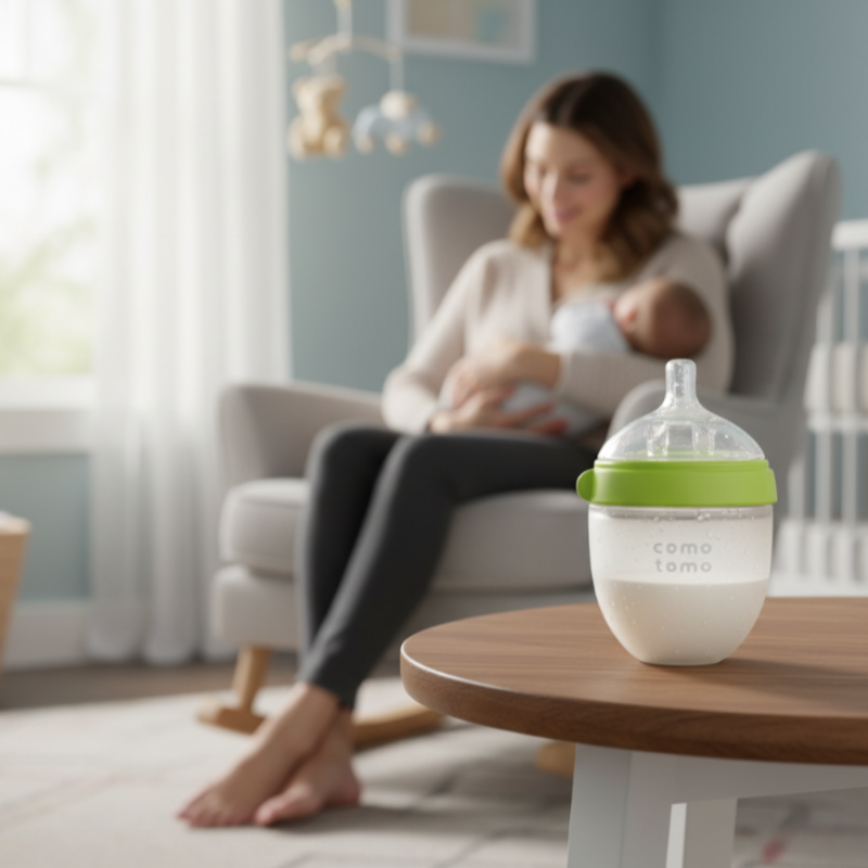 Woman sitting on a chair holding a baby with a bottle labeled 'comotomo' on a table in the foreground.