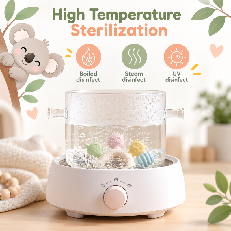 A baby teething toy warmer and sterilizer with a clear glass pot on a white base, shown with colorful teething toys inside. The image includes marketing text reading 'High Temperature Sterilization' with icons for boiled disinfect, steam disinfect, and UV disinfect, plus a soft nursery-themed background with a koala illustration and decorative leaves.