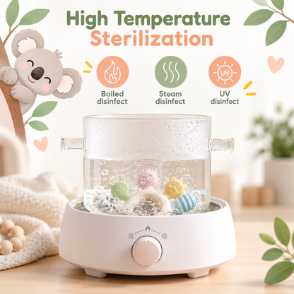 A baby teething toy warmer and sterilizer with a clear glass pot on a white base, shown with colorful teething toys inside. The image includes marketing text reading 'High Temperature Sterilization' with icons for boiled disinfect, steam disinfect, and UV disinfect, plus a soft nursery-themed background with a koala illustration and decorative leaves.