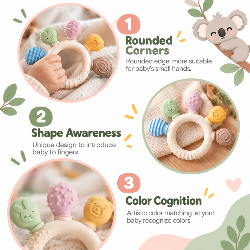 An infographic-style product presentation of a baby teething ring with three illustrated callouts: rounded corners suitable for small hands, shape awareness for fingers, and color cognition. The ring is shown with colorful textured bumps in pastel shades, on a light background with decorative leaves and a koala illustration.