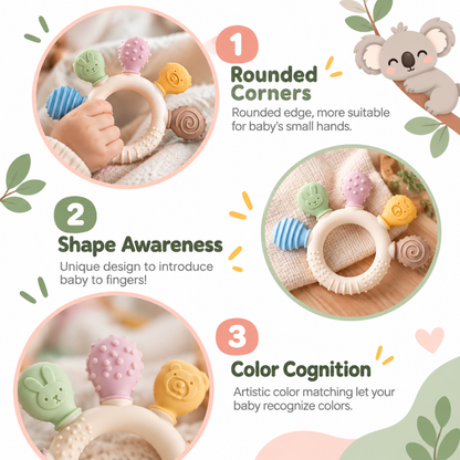 An infographic-style product presentation of a baby teething ring with three illustrated callouts: rounded corners suitable for small hands, shape awareness for fingers, and color cognition. The ring is shown with colorful textured bumps in pastel shades, on a light background with decorative leaves and a koala illustration.
