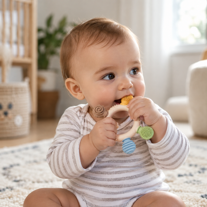 A baby sitting on a rug in a bright nursery, chewing on a dual-sided teething toy with textured and soft silicone sections in yellow, beige, blue, and green.