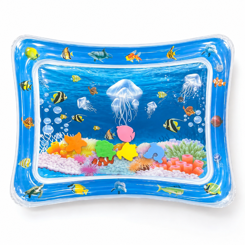 An inflatable rectangular pool float mat featuring a colorful underwater scene with fish, jellyfish, sea plants, and sea urchins on a bright blue background.