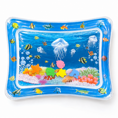 An inflatable rectangular pool float mat featuring a colorful underwater scene with fish, jellyfish, sea plants, and sea urchins on a bright blue background.