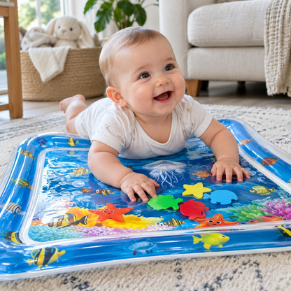A baby lying on their stomach on a blue inflatable water play mat with colorful fish and sea creature toys, in a bright living room setting.