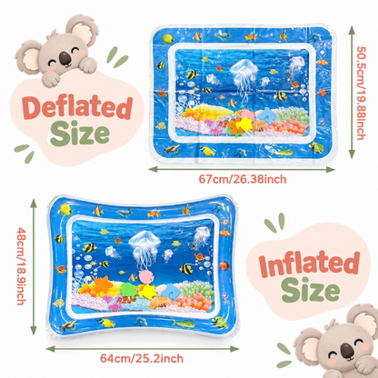 An inflatable baby water play mat with an ocean-themed print, shown in both deflated and inflated sizes with measurement labels and koala illustrations on a white background.