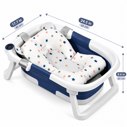 A baby bathtub with a padded star-patterned insert, shown on a white background with measurement arrows and labels indicating width, depth, and height in inches and centimeters.