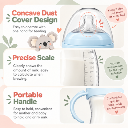 A product infographic for a baby bottle cover and bottle set, showing three feature panels: Concave Dust Cover Design with a koala illustration, Precise Scale with a close-up of the measurement markings, and Portable Handle with a bottle featuring a blue carrying handle.
