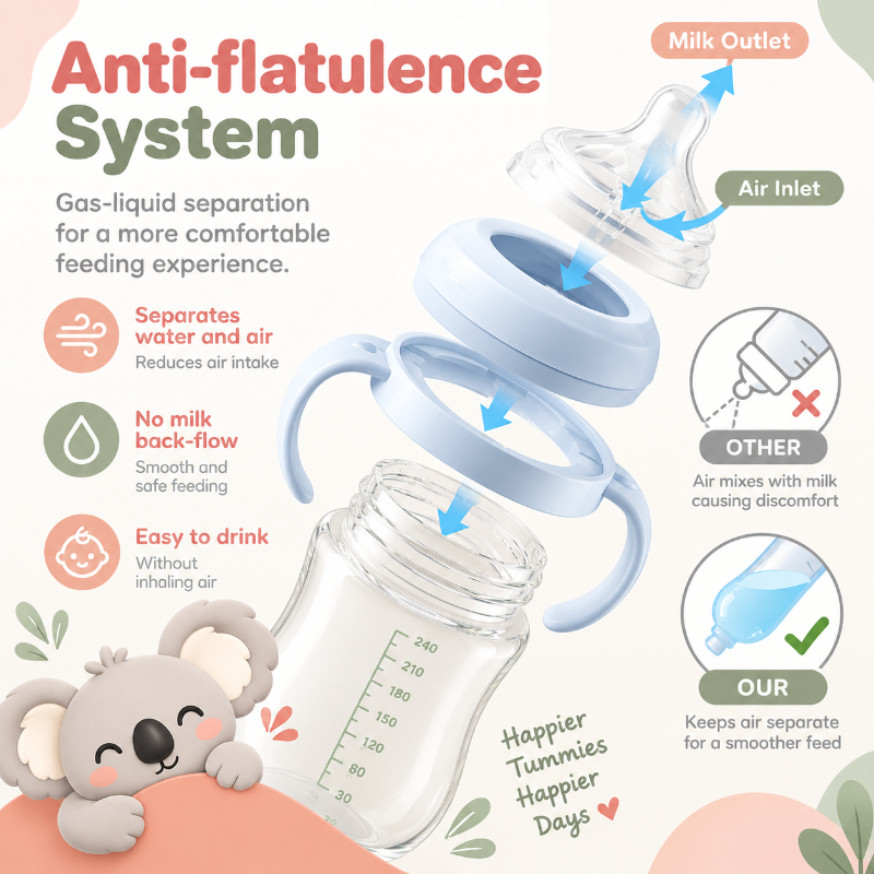 An infographic-style product explainer for a baby bottle with an anti-flatulence system. The bottle is shown assembled at the bottom and disassembled at the top with labeled callouts for milk outlet, air inlet, and feeding benefits.