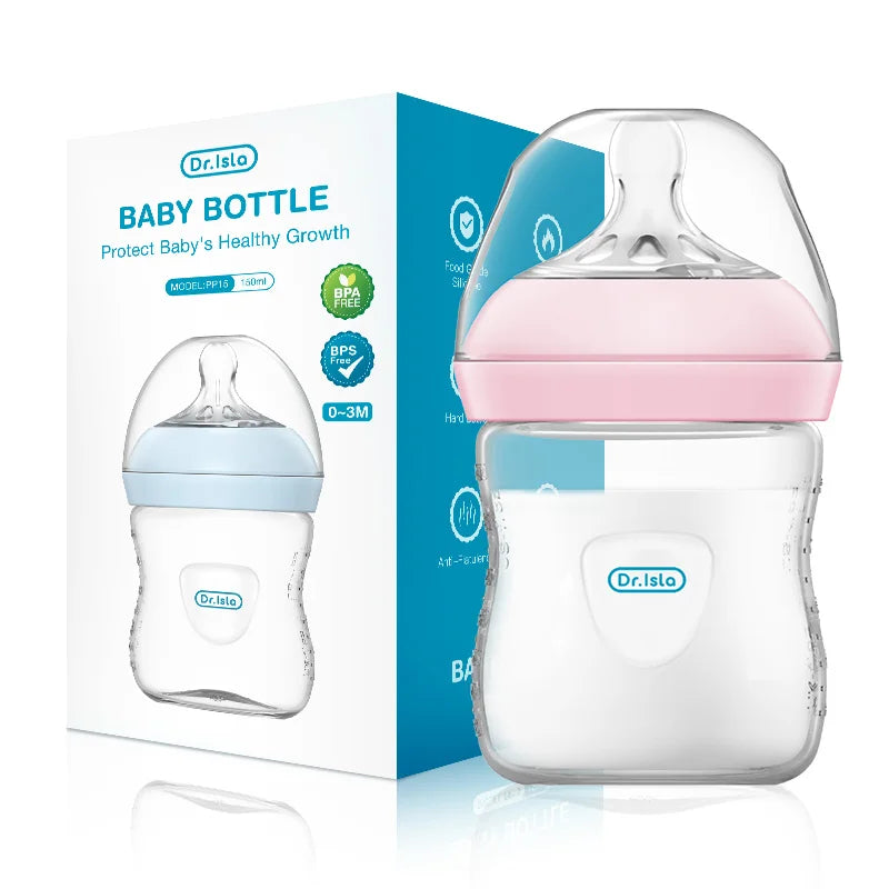 Dr. Isla baby bottle with pink cap and matching packaging on a white background