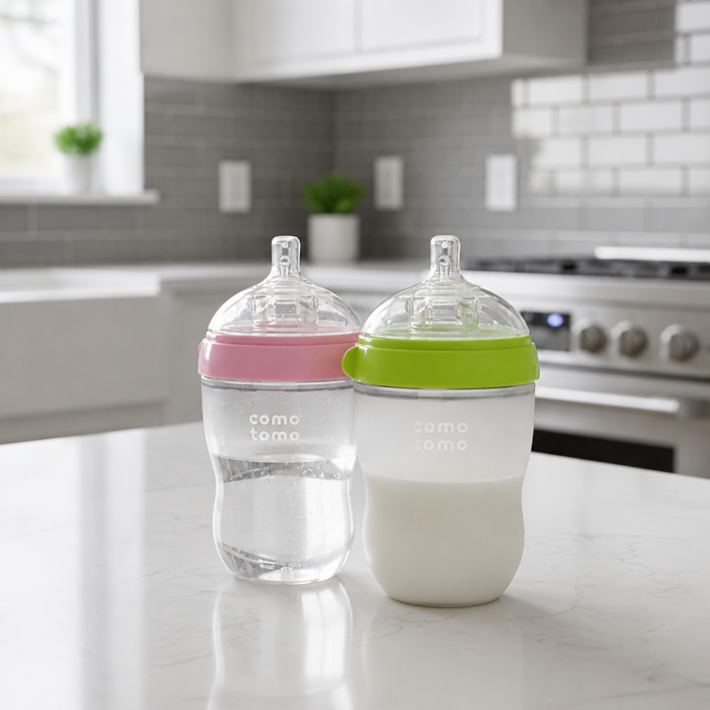 Two baby bottles from como lomo on a white kitchen countertop with a blurred kitchen background. One bottle has a pink lid and is empty, while the other has a green lid and is filled with milk.