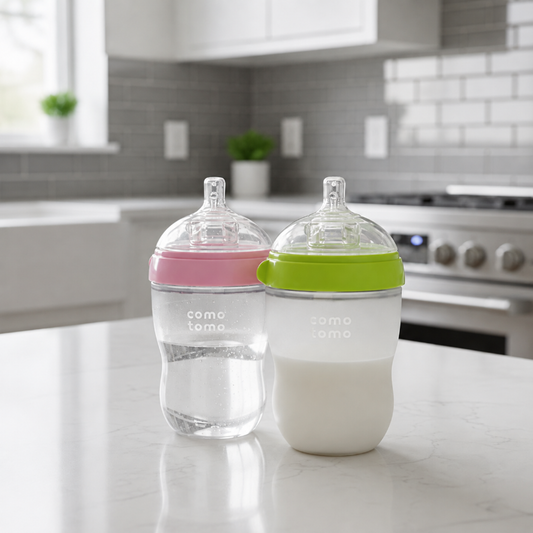 Two baby bottles from como lomo on a white kitchen countertop with a blurred kitchen background. One bottle has a pink lid and is empty, while the other has a green lid and is filled with milk.