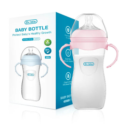 Dr. Isla baby bottle with pink handle and packaging on a white background