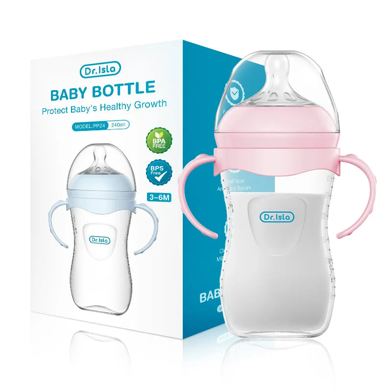 baby bottle with pink handle and packaging on a white background