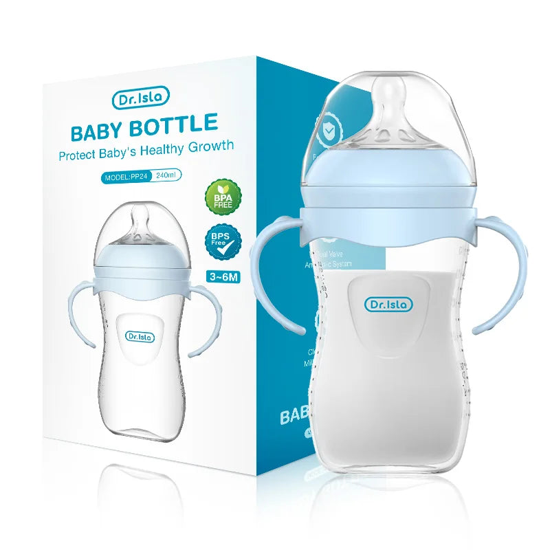 Dr. Isla baby bottle with packaging on a white background