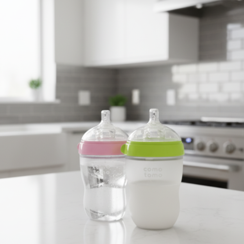 Two baby bottles with colorful caps on a kitchen counter