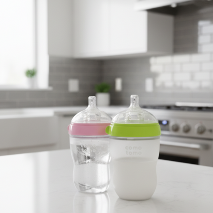 Two baby bottles with colorful caps on a kitchen counter