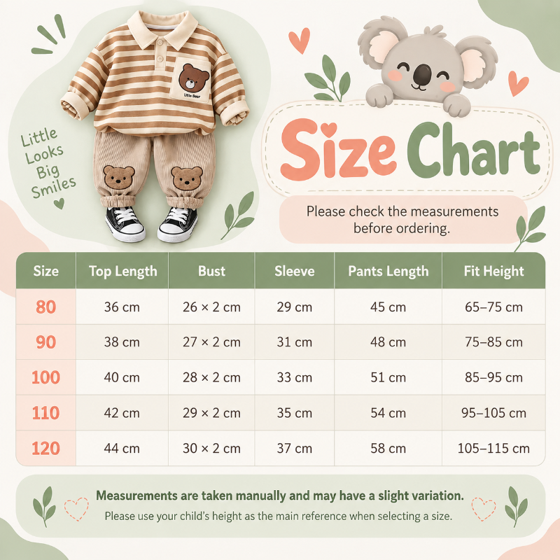 A size chart graphic for a baby clothing set, featuring a cartoon koala and text that says 'Size Chart' above a measurement table with sizes 80 to 120, top length, bust, sleeve, pants length, and fit height in centimeters and centimeters.