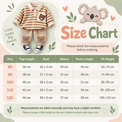 A size chart graphic for a baby clothing set, featuring a cartoon koala and text that says 'Size Chart' above a measurement table with sizes 80 to 120, top length, bust, sleeve, pants length, and fit height in centimeters and centimeters.
